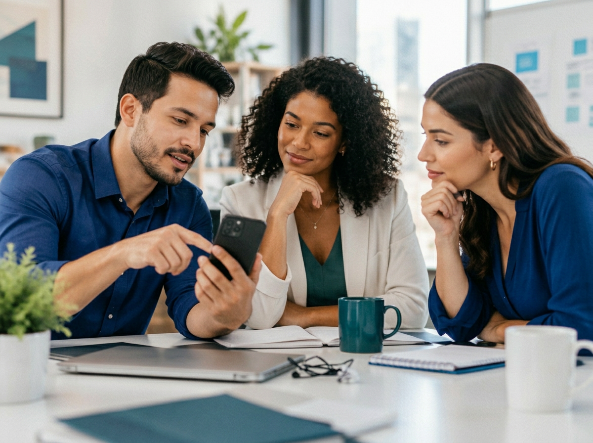 Equipe comercial reunida analisando uma oportunidade no celular