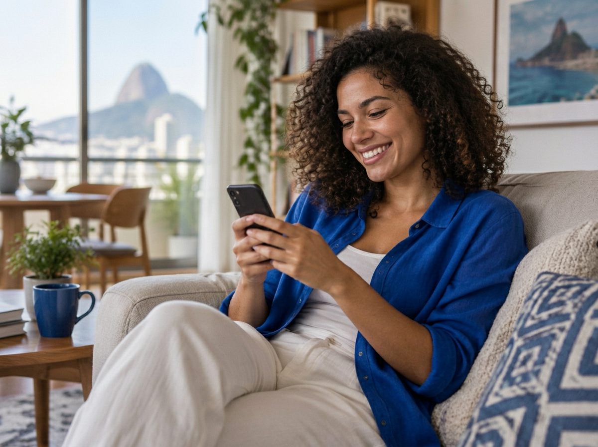 Cliente satisfeita ao receber uma resposta rápida pelo celular