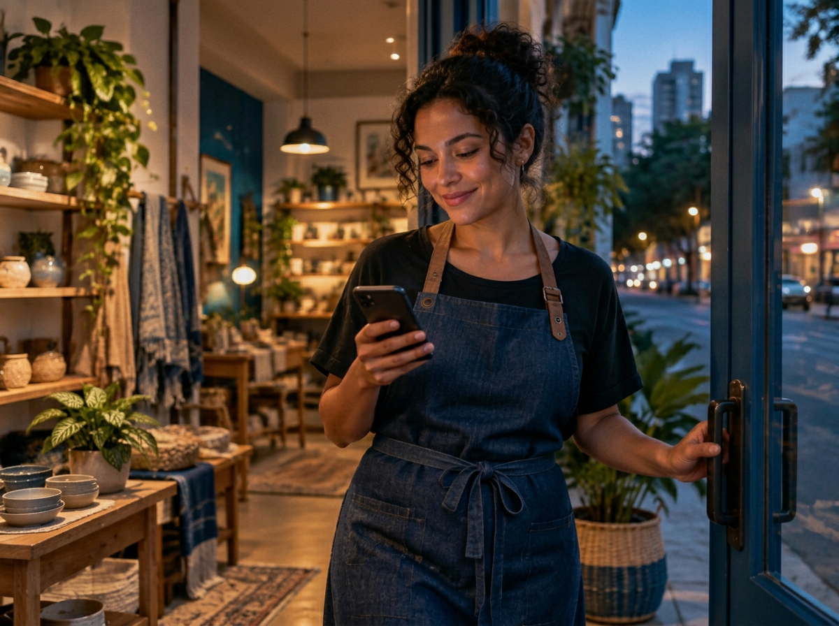 Empresária tranquila ao encerrar o expediente enquanto acompanha o celular