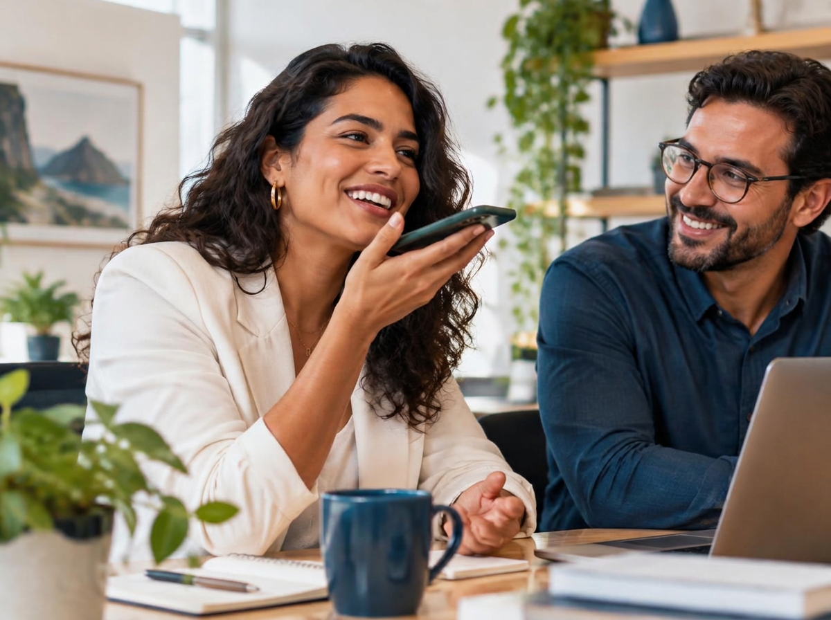 Empresária sorrindo enquanto conversa naturalmente por mensagem de voz