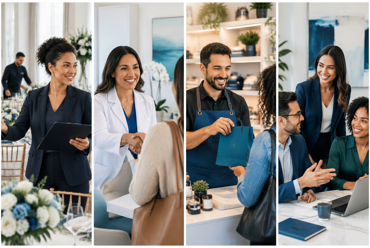 Profissional do segmento de eventos atendendo um cliente